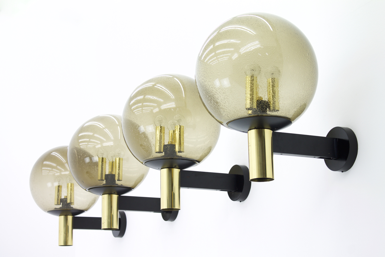 Set Of Four Wall Lights With Smoked Gl And Br By Glashütte Limburg Set Of Four Wall Lights With Smoked Gl And Br By Glashütte Limburg