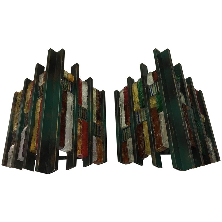 Set of Two Brutalist Italian iron and Multicolored glass Wall Sconces circa 1970