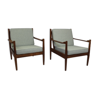 Pair of Scandinavian style armchairs 50/60 years blue heather fabric