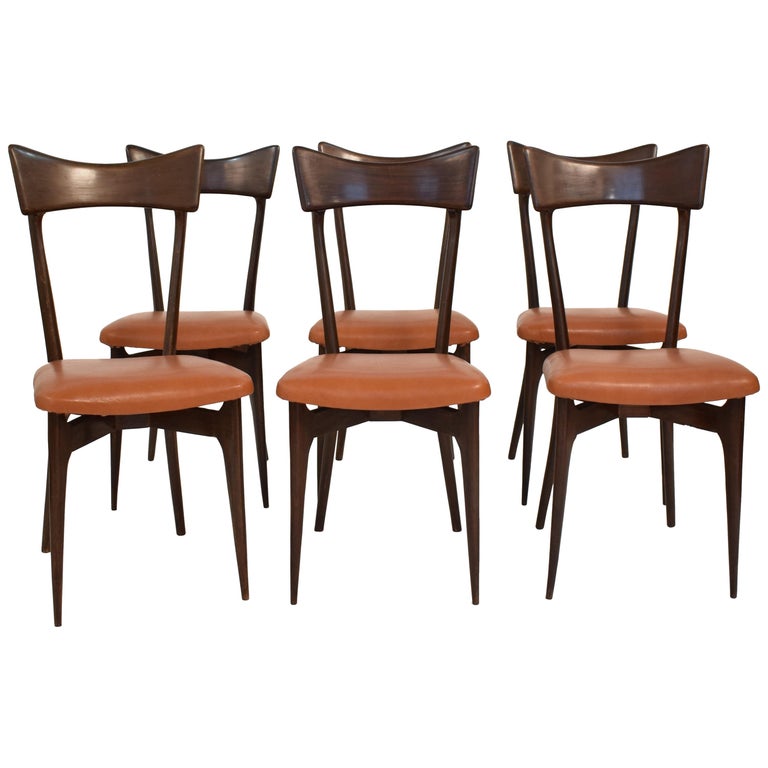 Set Of Six Dining Chairs With Cognac Leather By Ico Parisi For Colombo 1950 Design Addict Chairs Stools