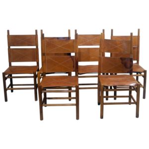 Set of Six Walnut and Cognac Leather Chairs