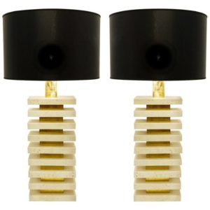Pair of Italian travertine and brass table lamps