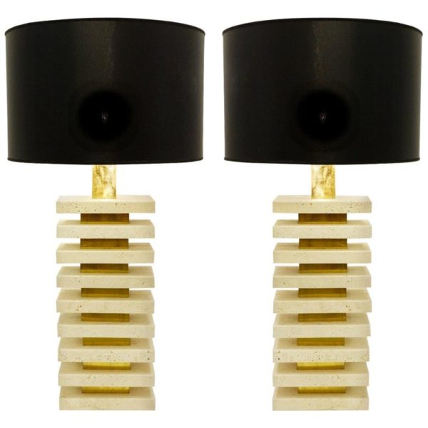 Pair of Italian travertine and brass table lamps