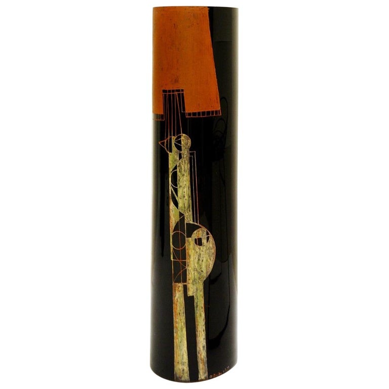 Cylindrical vase in black engraved glass, circa 1950