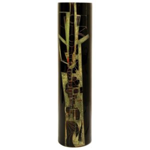 Cylindrical vase in black engraved glass, circa 1970
