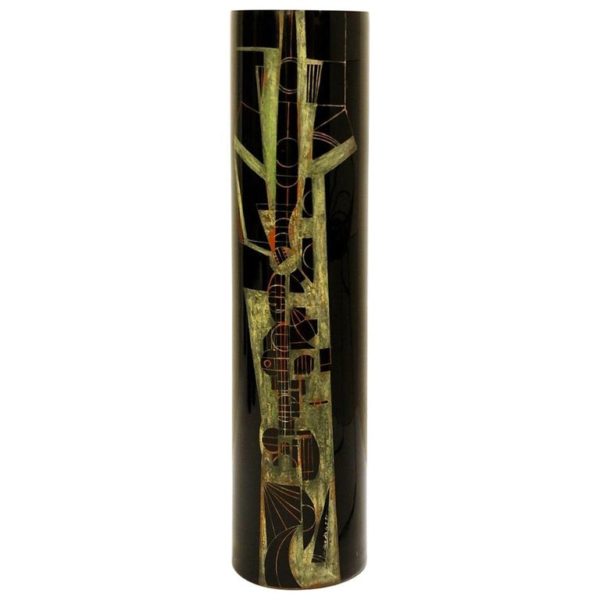 Cylindrical vase in black engraved glass, circa 1970