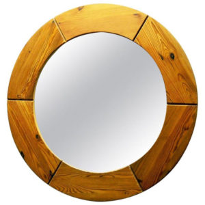 Round Pine Wall mirror 100 cmD by Glasmäster Markaryd 1950`s Sweden