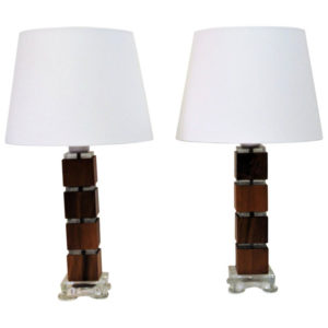 Vintage Swedish Wood & Glass Table Lamps, Set of 2