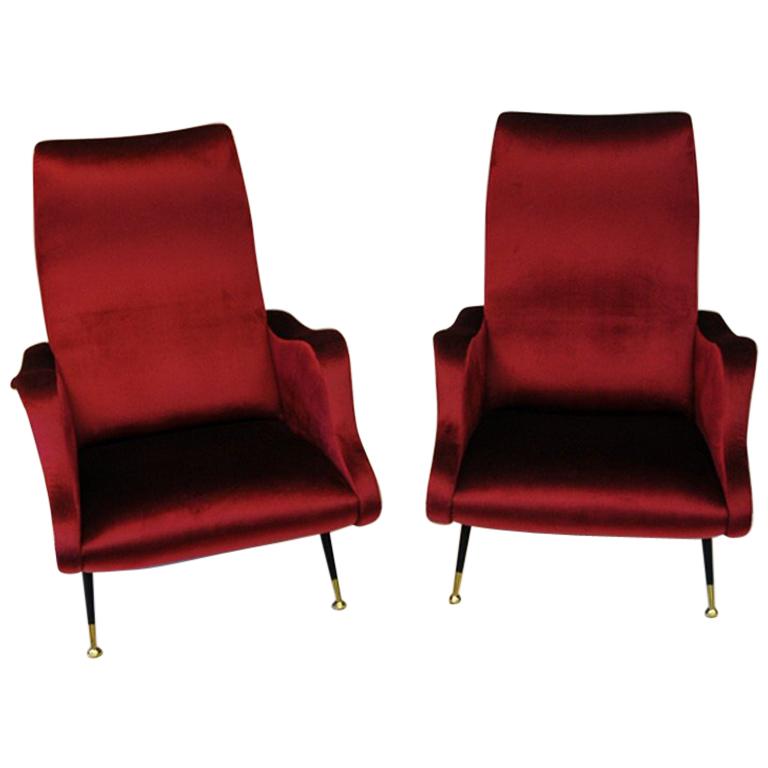 Pair of Italian Sculptural Red Velvet Chairs, 1960s