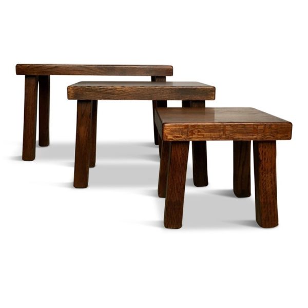 Set of Three Vintage Dutch Solid Oak Nesting Tables or Benches, 1970s