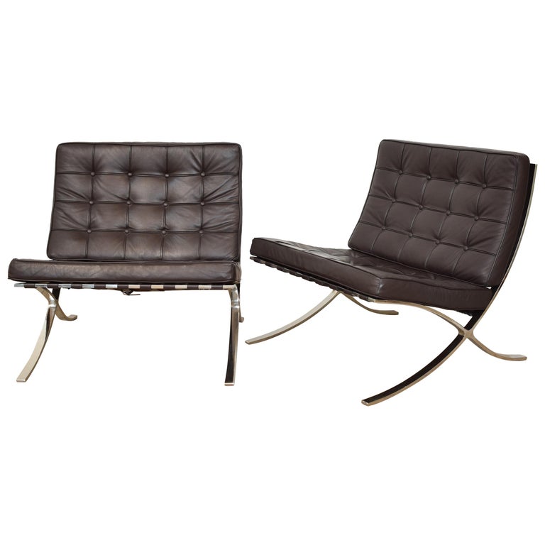 Mid Century Pair of Barcelona Chairs in the Style of Ludwig Mies van der Rohe circa 1980
