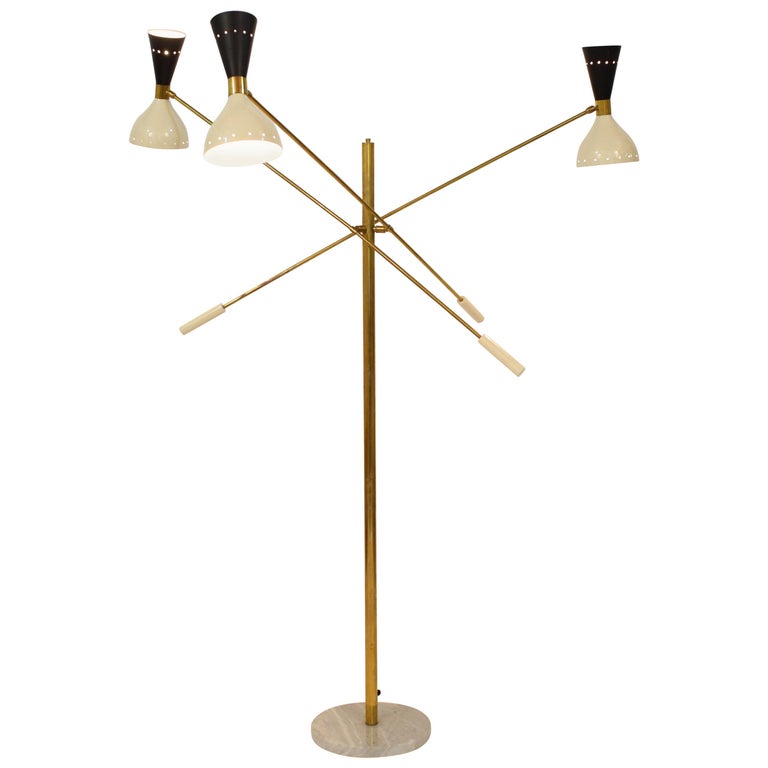 (re-edition)Adjustable Italian Three-Arm Brass & Marble Floor Lamp in the Style of Stilnovo