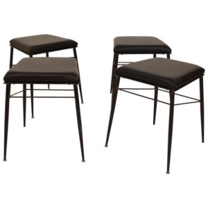 Set of Four Black Italian Midcentury Metal and Leather Stools, circa 1950