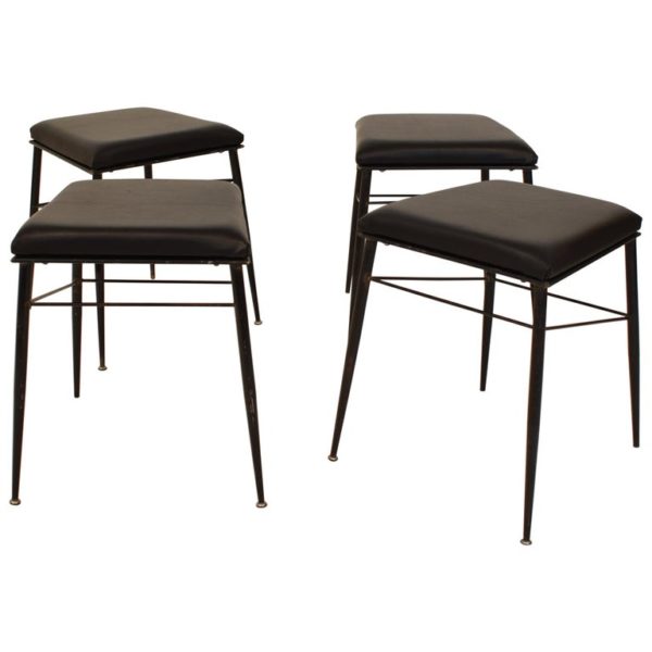 Set of Four Black Italian Midcentury Metal and Leather Stools, circa 1950