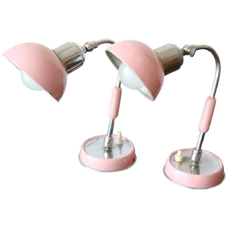 Chrome and Pink Color Pair of Table Lamp, 1960s