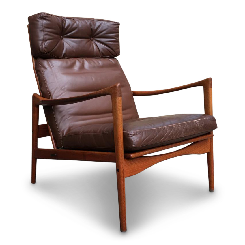 Swedish High Back Brown Leather Teak Easy Chair by Ib Kofod-Larsen for OPE 1960s