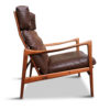 Swedish High Back Brown Leather Teak Easy Chair by Ib Kofod-Larsen for OPE 1960s
