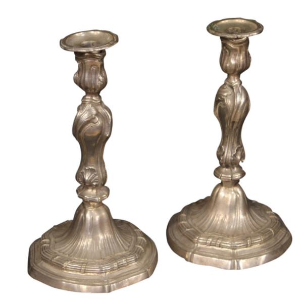 Pair of Italian silvered metal candelabra Pair of Italian silvered metal candelabra