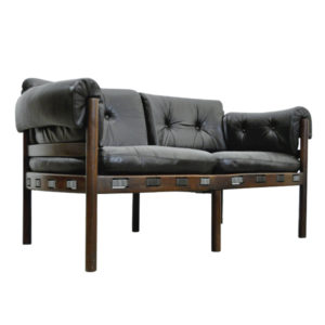 Vintage Dutch Black Leather 2-Seater Rosewood Sofa from Coja, 1960s
