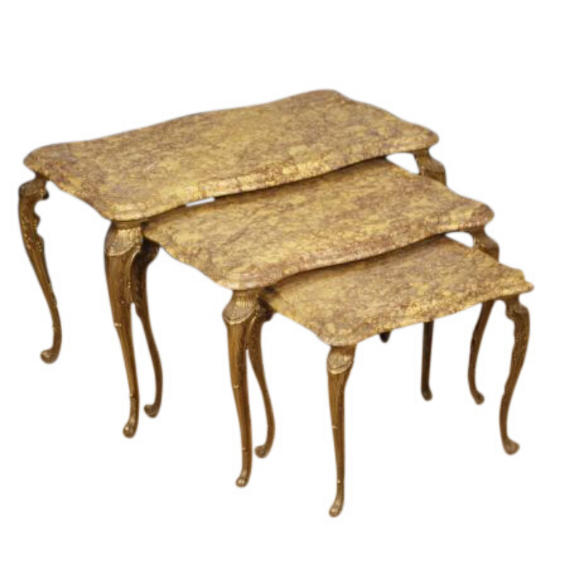 Triptych of Italian side tables in golden brass with marble top