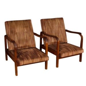Pair of Italian design armchairs in wood and striped fabric