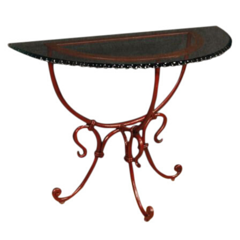 French demilune console in painted metal with glass top
