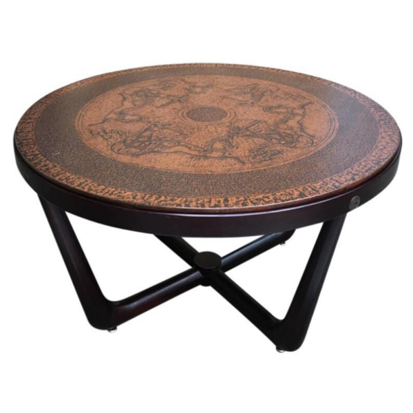 Vintage Norwegian Copper and Wood Egyptian Themed Coffee Table by Vad Trevare