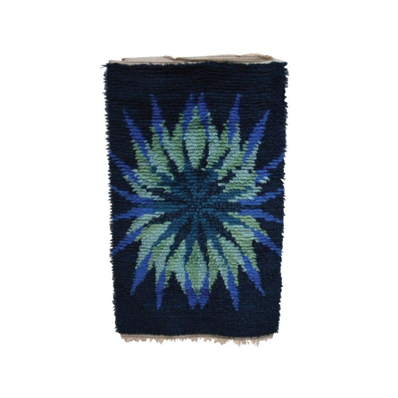 Handmade Rya carpet in blue & green tones – 100% wool – Produced in Sweden- 1960’s