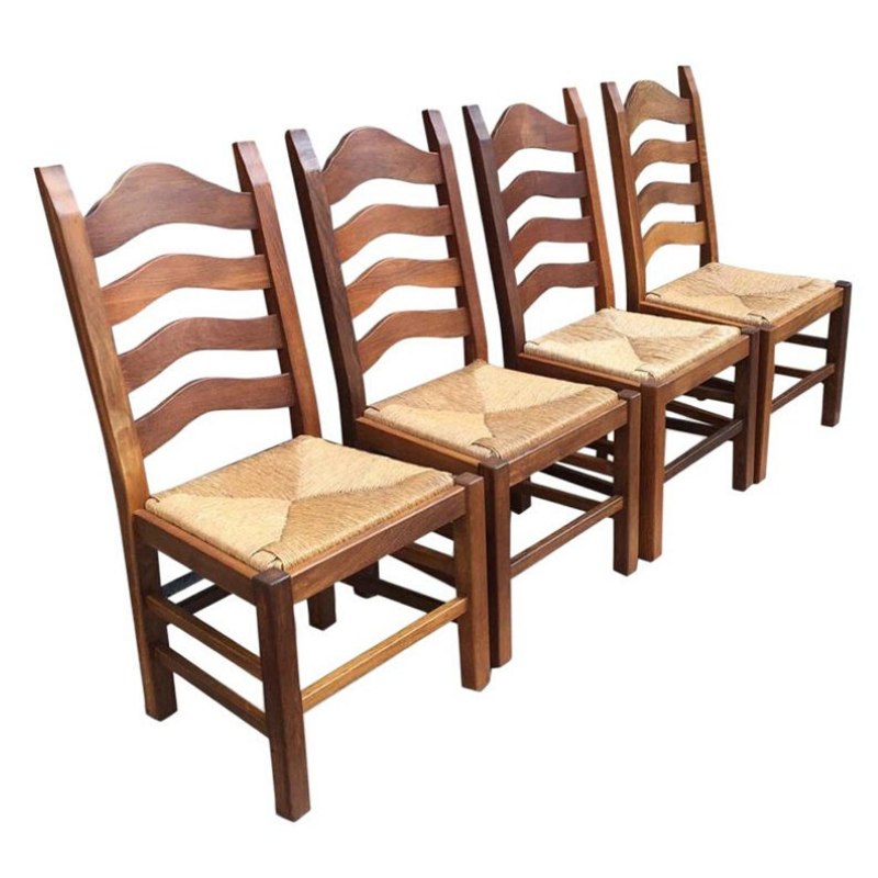 Set of Four Vintage Dutch Dining Oak Chairs with Straw Seats