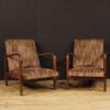 Pair of Italian design armchairs in wood and striped fabric