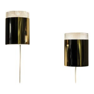 Vintage pair of relieffglass & brass Falkenberg wall lamps, Sweden 1960s