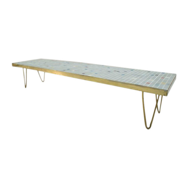Long German Colorful Mosaic and Brass Coffee Table, 1950s