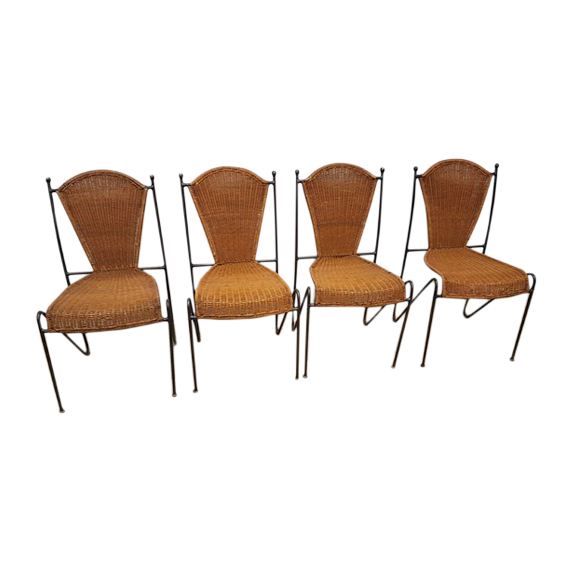 Four black steel chairs and fine wicker