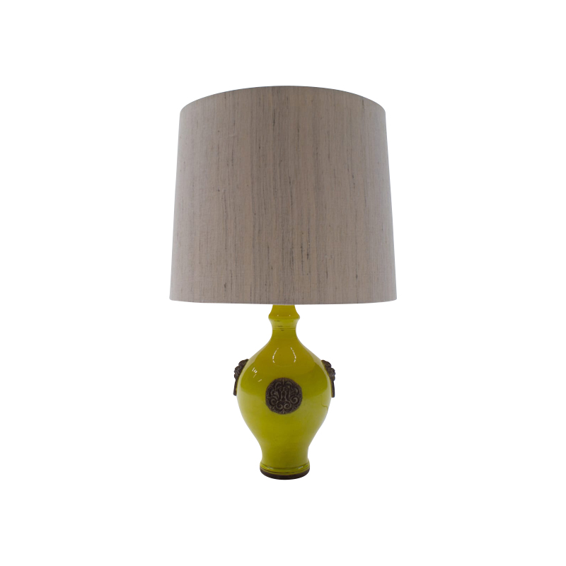 Oatmeal and Yellow Gilt Glazed Ceramic Table Lamp by Ugo Zaccagnini, Italy 1960s