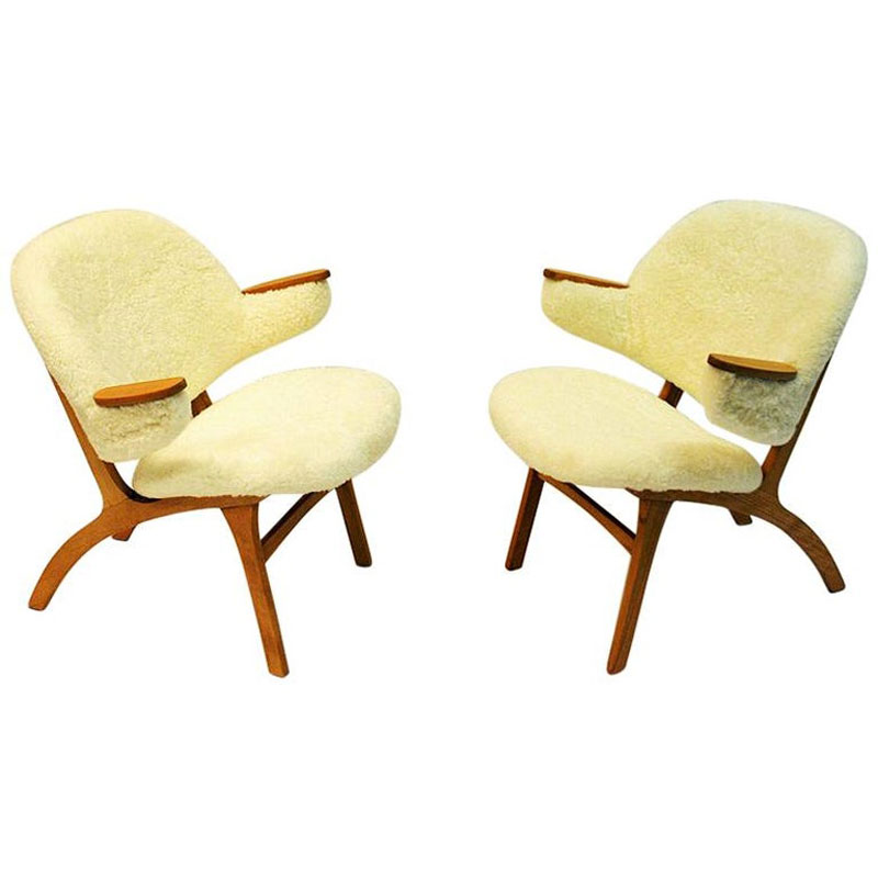 Midcentury pair of Easy chairs in White Sheepskin – Solliden møbler Norway 1950s