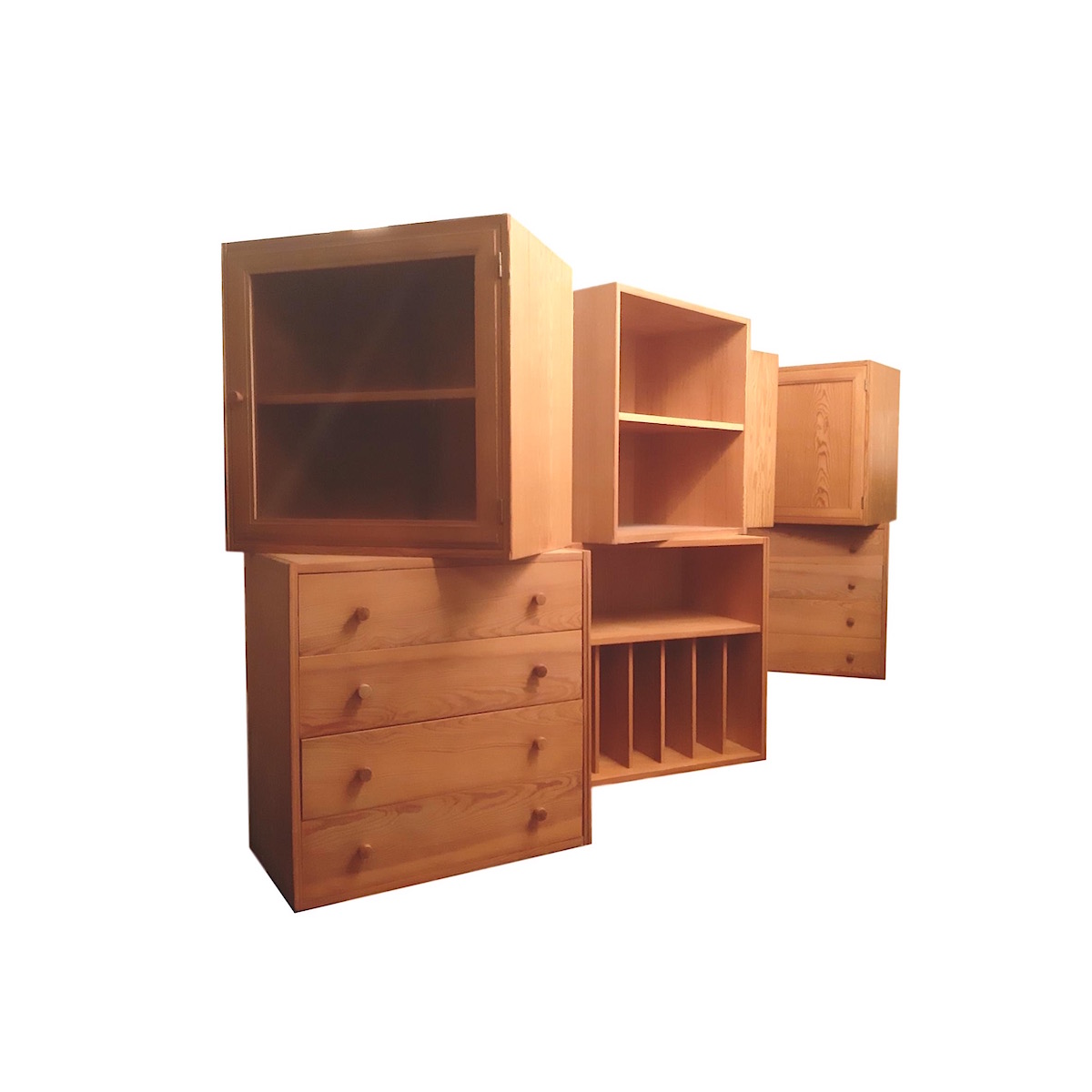 8x Danish Pine Wood Cabinet System, 1960s