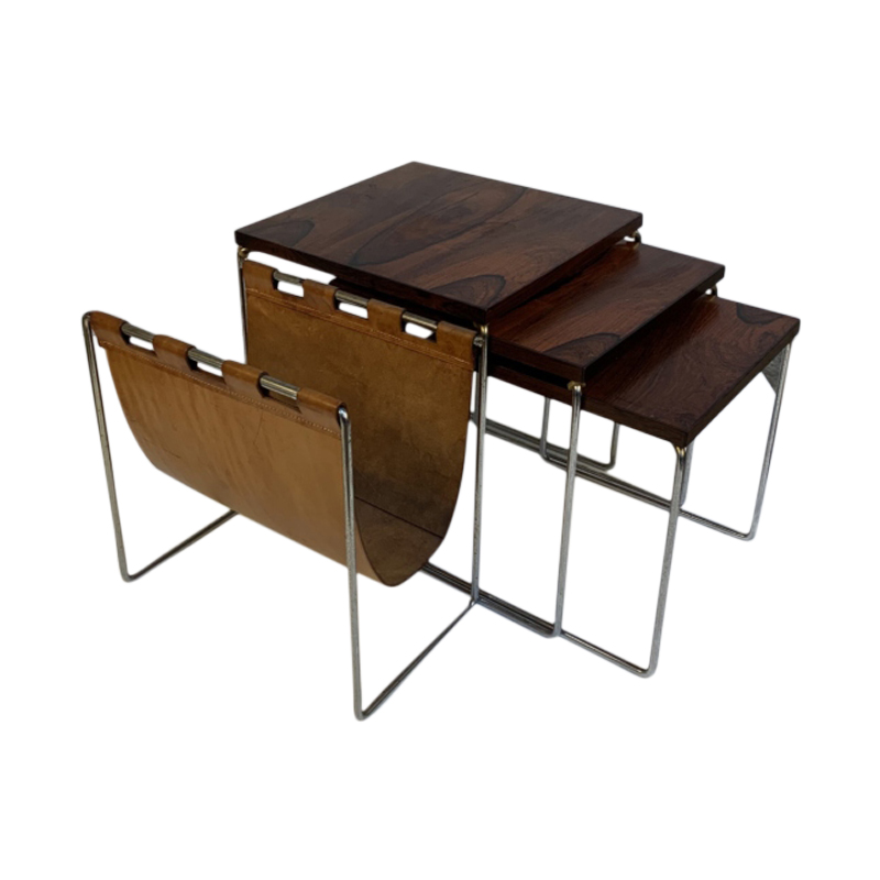 Nest of Tables with leather magazine rack