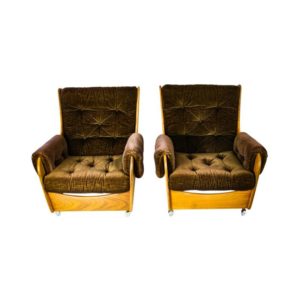 1960s Pair of G Plan Saddle Back Teak Armchairs & Footstool