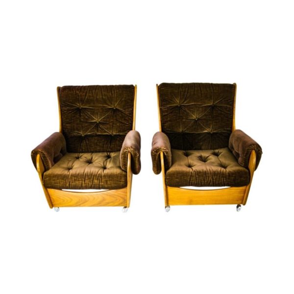 1960s Pair of G Plan Saddle Back Teak Armchairs & Footstool