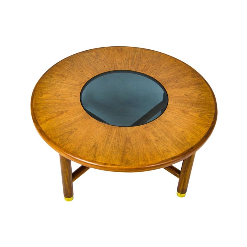 G PLAN Teak Wood Round Coffee Table With Smoked Glass Top And Brass Feet