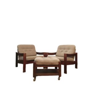 Large Nude/Brown Vintage Armchairs, 1960s, pair with one stool