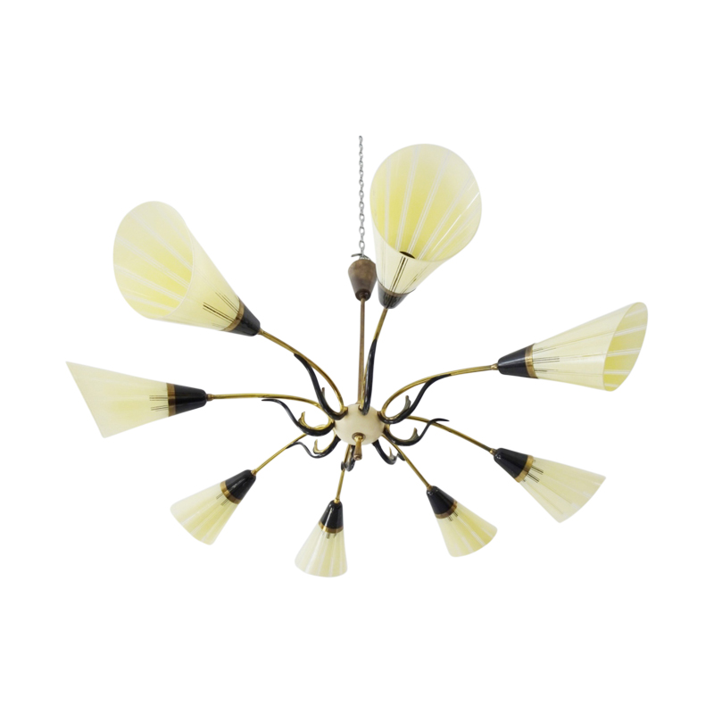 Sputnik chandelier with eight arms made of brass and glass, large ceiling lamp, bag lamp