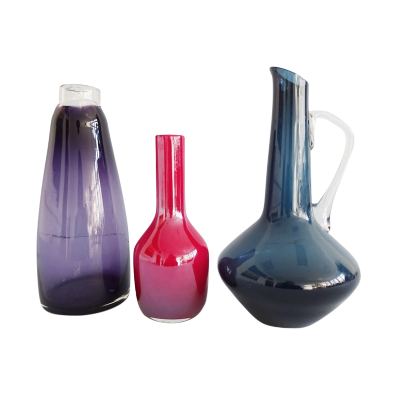 Glass vases set purple, blue and red, vases mixed lot blown, Murano glass mid century