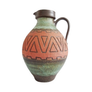 large floor vase green orange, brown with structure, Mid Century Fat Lava handle vase