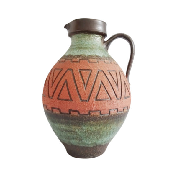 large floor vase green orange, brown with structure, Mid Century Fat Lava handle vase