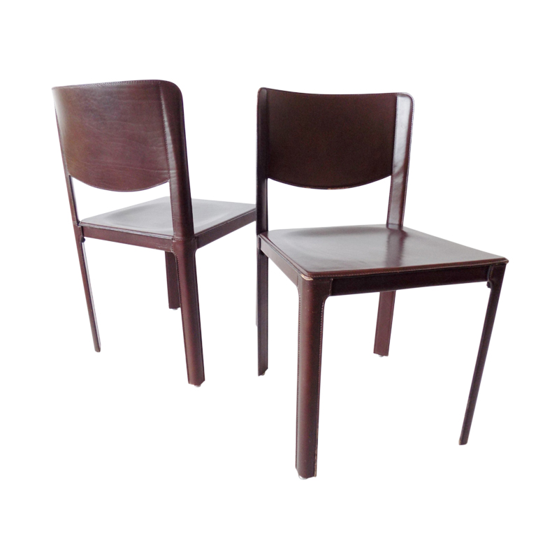 Matteo Grassi set of 2 saddle leather dining chairs by Tito Agnoli