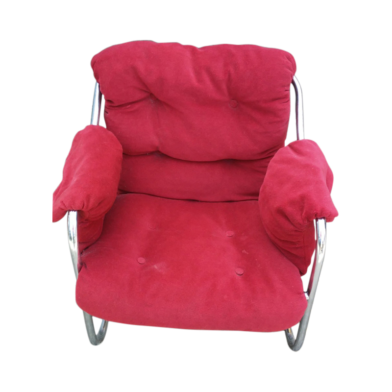 Mid Century red velvet easychair on special chrome legs