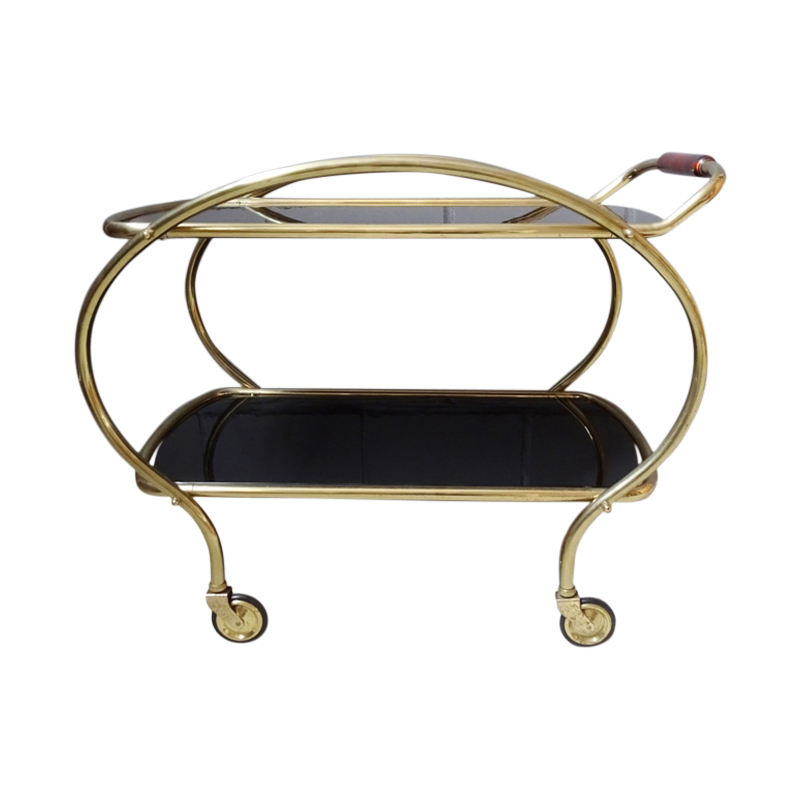 Brass and glass bar trolley, mid century serving trolley with black glass shelves