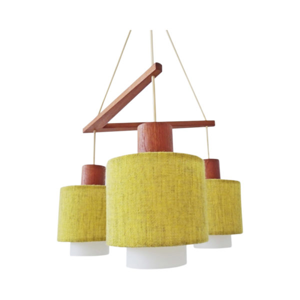 Scandinavian hanging lamp made of teak, opal glass and fabric shades, mid-century chandelier with three arms Scandinavian hanging lamp made of teak, opal glass and fabric shades, mid-century chandelier with three arms