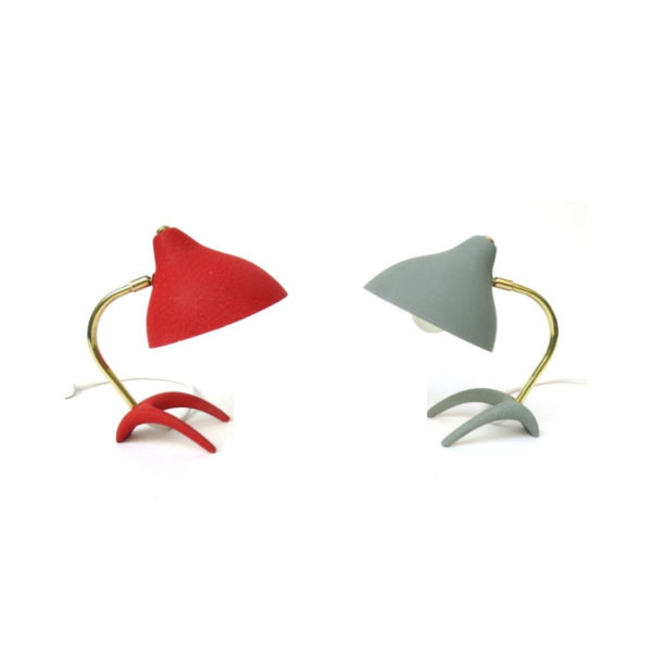 1 pair of small table lamps or bedside lamps, 50s, Louis Kalff, crow's foot, shrink varnish red and gray-green 1 pair of small table lamps or bedside lamps, 50s, Louis Kalff, crow's foot, shrink varnish red and gray-green